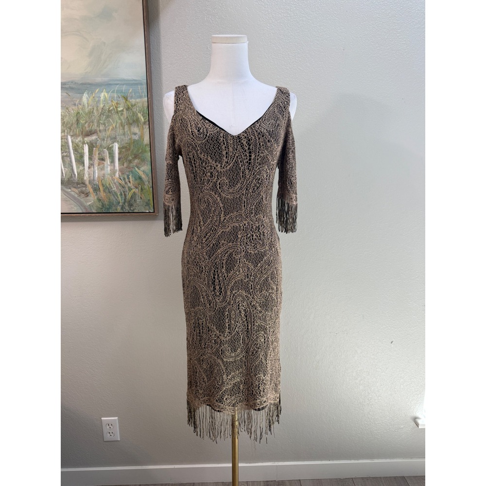 Venus Metallic Gold Black Lace Cold Shoulder Fringe Sheath Dress Small